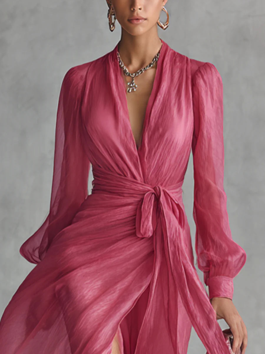 Clara| Elegant Rose Pink Pearl Chiffon V-neck Tie-waist Long Dress
