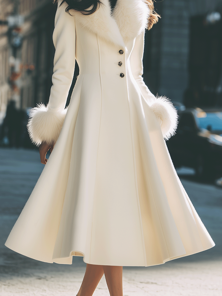 LOURA | Ivory Flared Coat With Faux Fur Collar And Cuffs