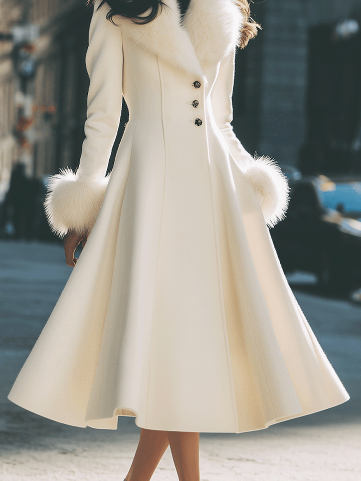 LOURA | Ivory Flared Coat With Faux Fur Collar And Cuffs