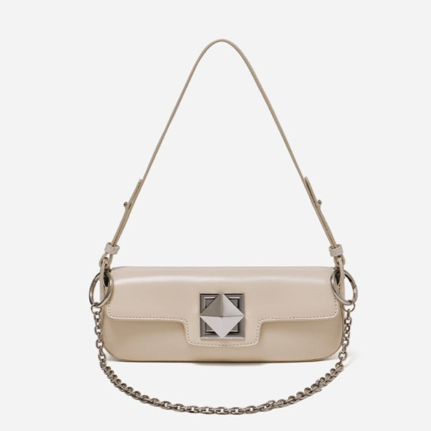 EVANGELINE | Minimalist Smooth Genuine Leather Silver Buckle Baguette Bag
