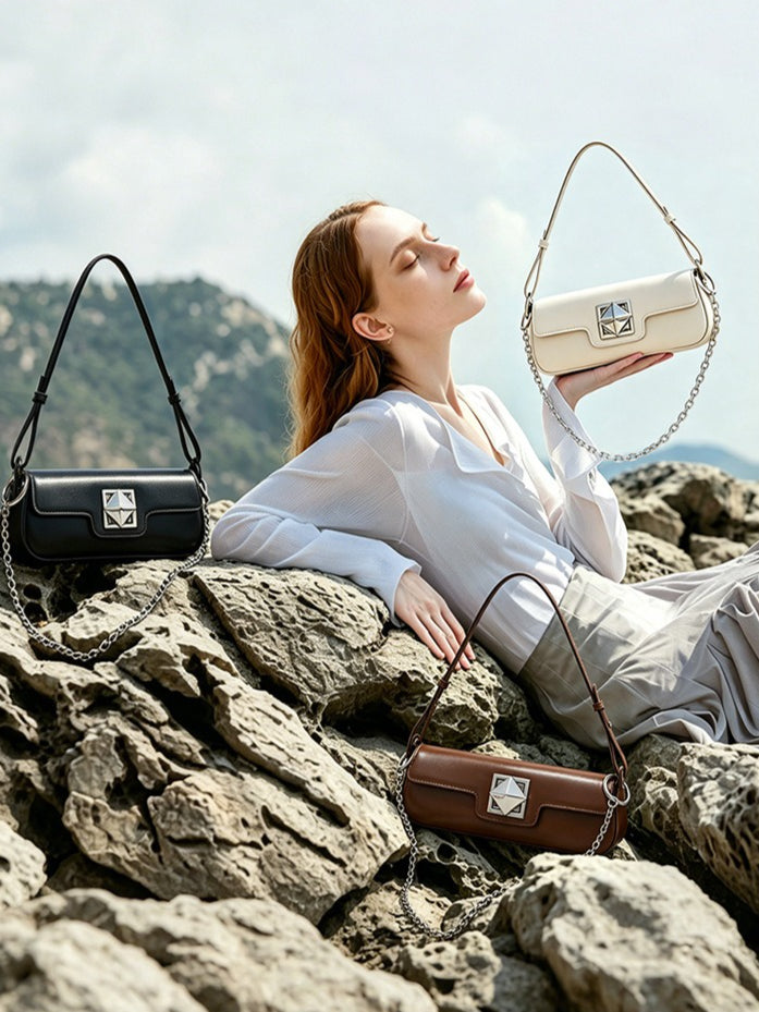 EVANGELINE | Minimalist Smooth Genuine Leather Silver Buckle Baguette Bag
