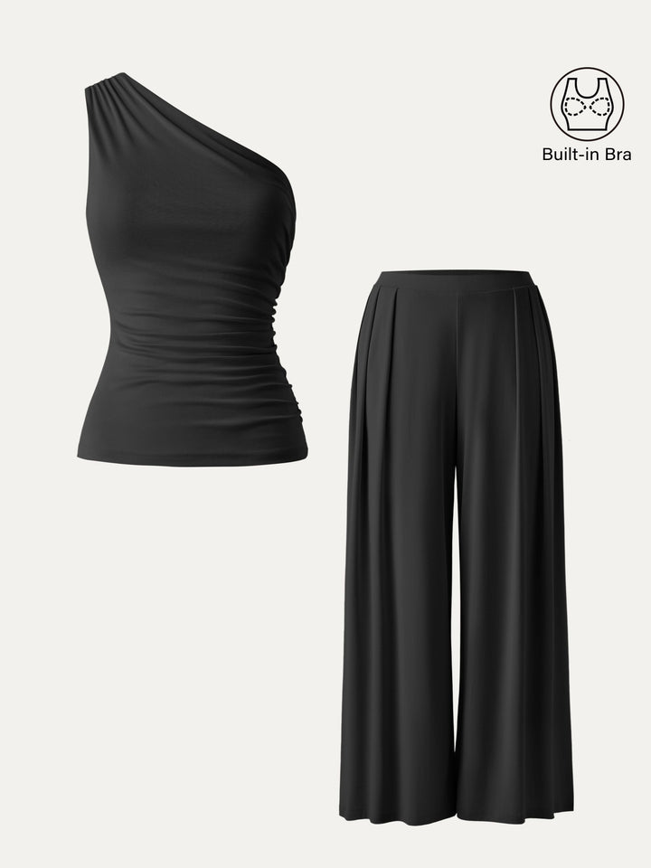 MARIA | 2Pcs Set Regular Wide Leg Palazzo Pant with Pockets & Ruched Bra Tank