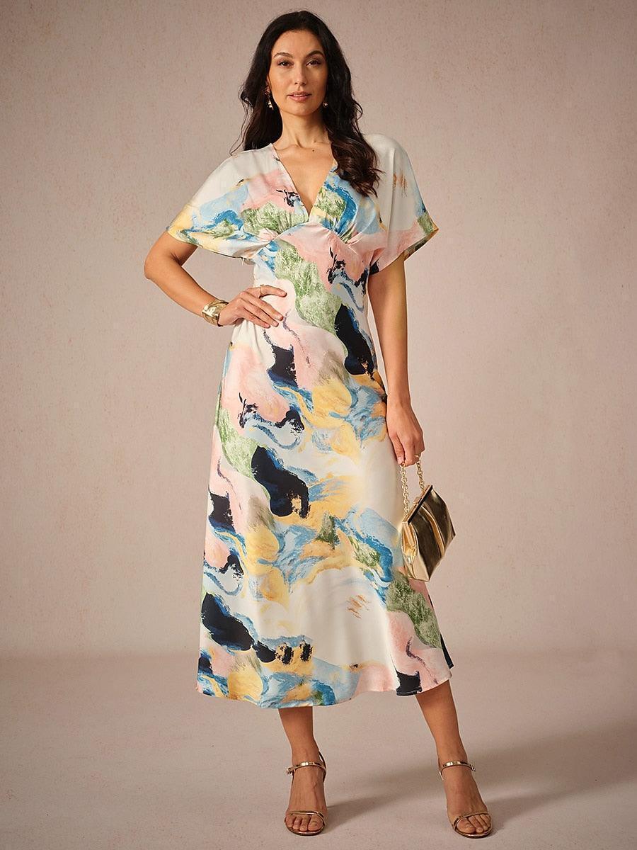 JOLIEN | Satijn Tie-dye Marmerprint Maxi-jurk