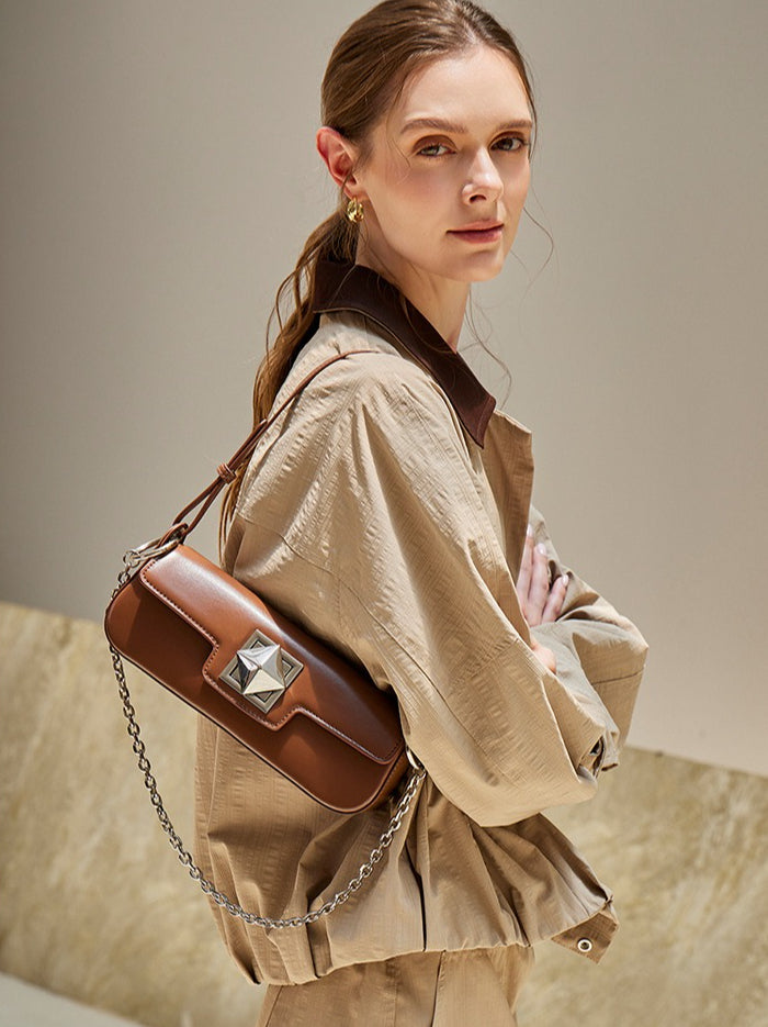 EVANGELINE | Minimalist Smooth Genuine Leather Silver Buckle Baguette Bag