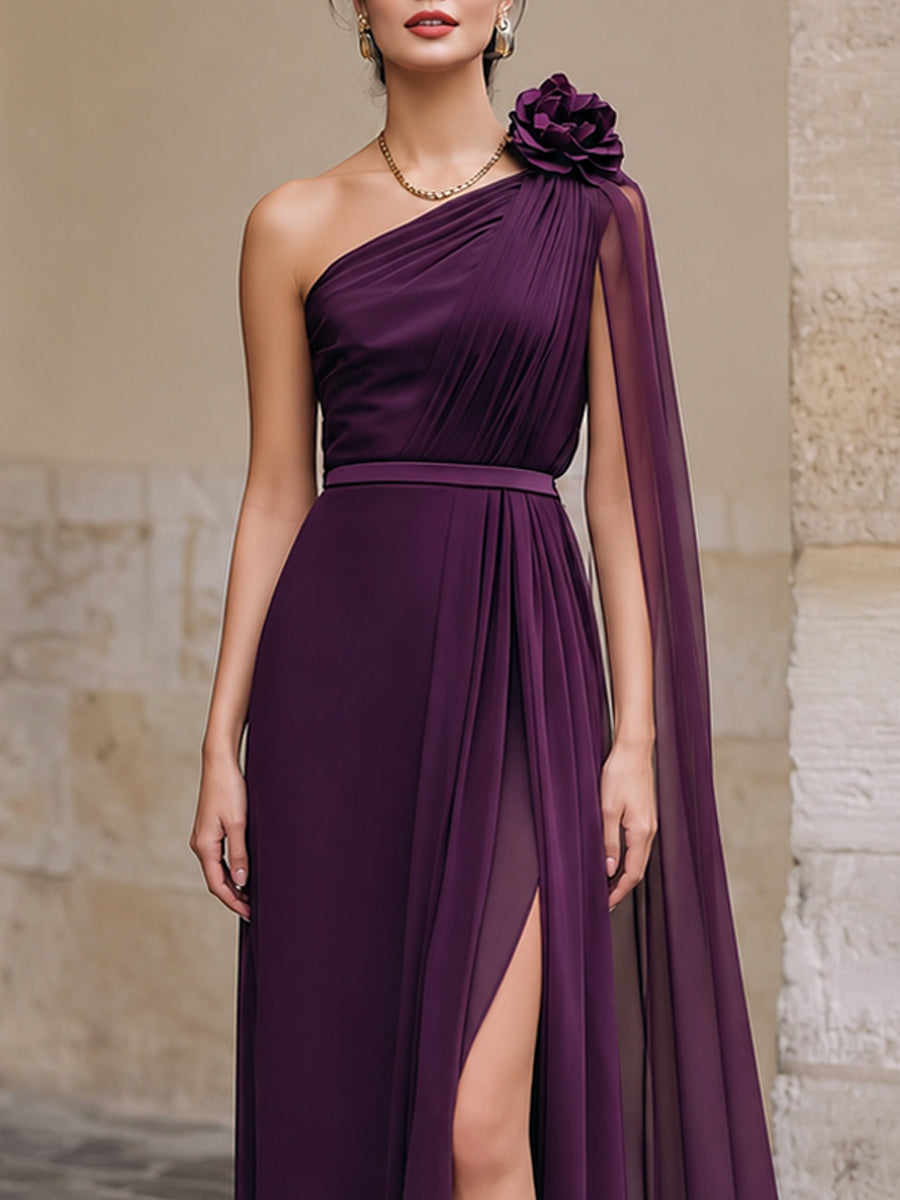 MIRA | One-Shoulder Floral Detail Chiffon Evening Gown