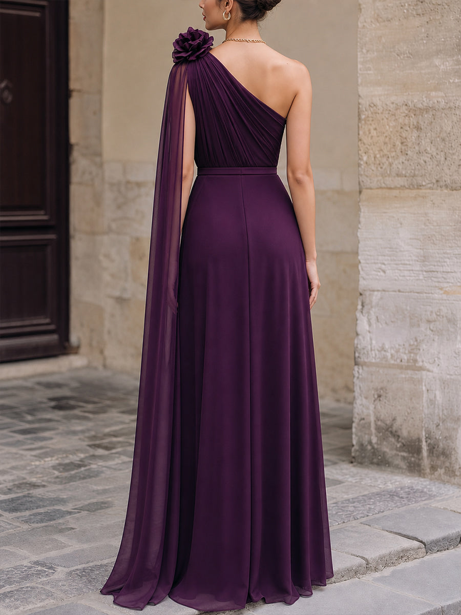 MIRA | One-Shoulder Floral Detail Chiffon Evening Gown
