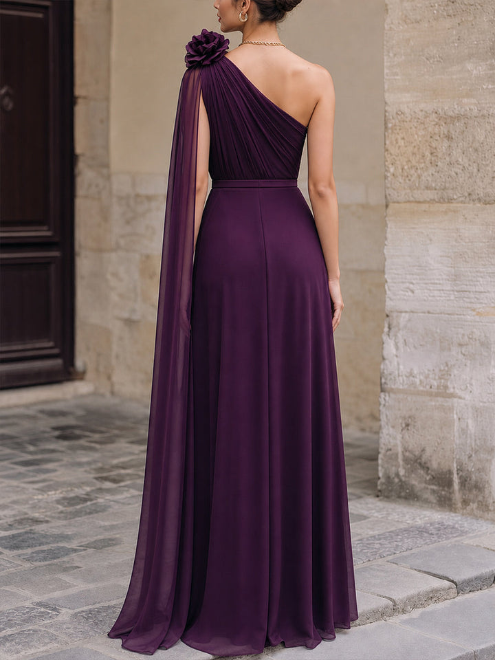MIRA | One-Shoulder Floral Detail Chiffon Evening Gown