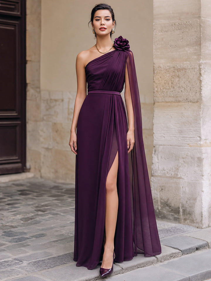 MIRA | One-Shoulder Floral Detail Chiffon Evening Gown