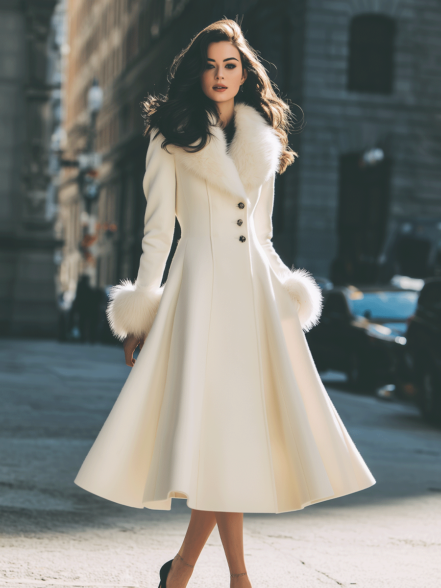 LOURA | Ivory Flared Coat With Faux Fur Collar And Cuffs