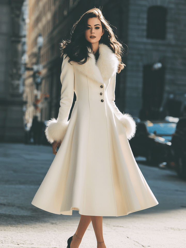 LOURA | Ivory Flared Coat With Faux Fur Collar And Cuffs
