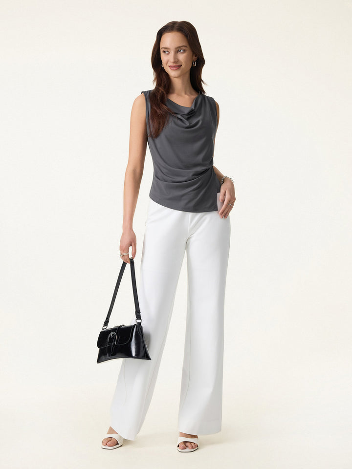 MEGAN | 2Pcs Set Cowl Asymmetrical Tucked Top & Wide Leg Pant with Pockets