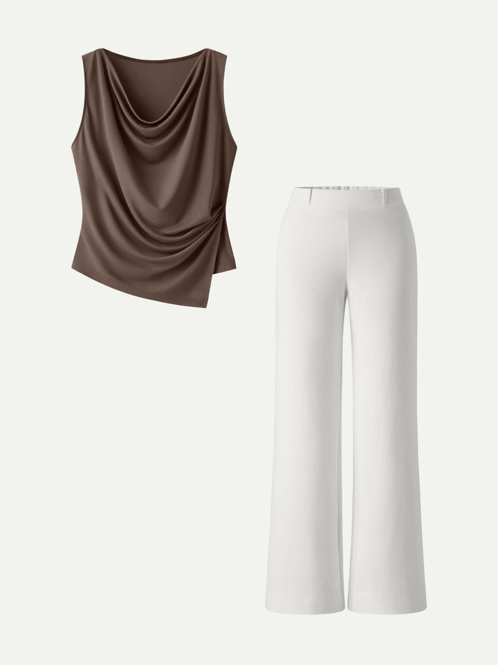 MEGAN | 2Pcs Set Cowl Asymmetrical Tucked Top & Wide Leg Pant with Pockets