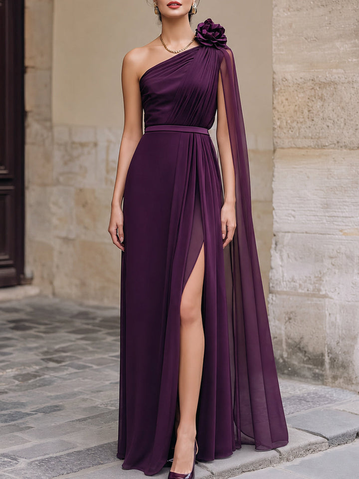 MIRA | One-Shoulder Floral Detail Chiffon Evening Gown