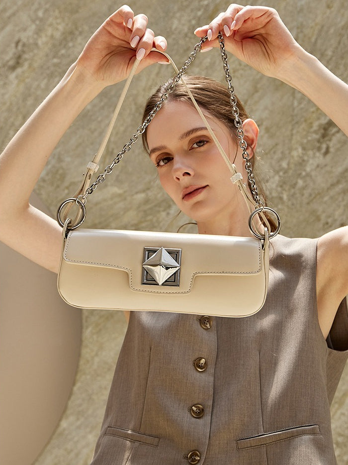 EVANGELINE | Minimalist Smooth Genuine Leather Silver Buckle Baguette Bag