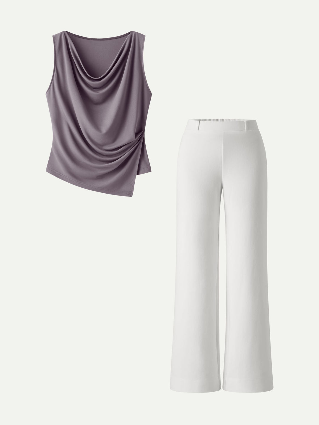 MEGAN | 2Pcs Set Cowl Asymmetrical Tucked Top & Wide Leg Pant with Pockets