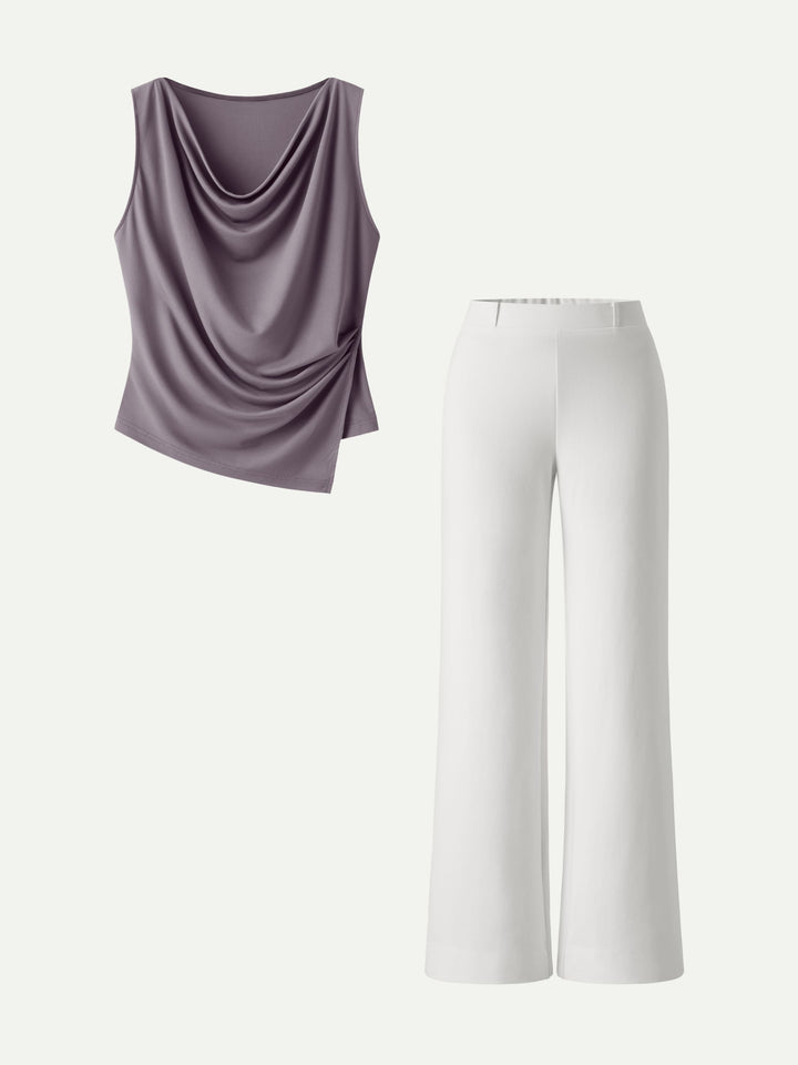 MEGAN | 2Pcs Set Cowl Asymmetrical Tucked Top & Wide Leg Pant with Pockets