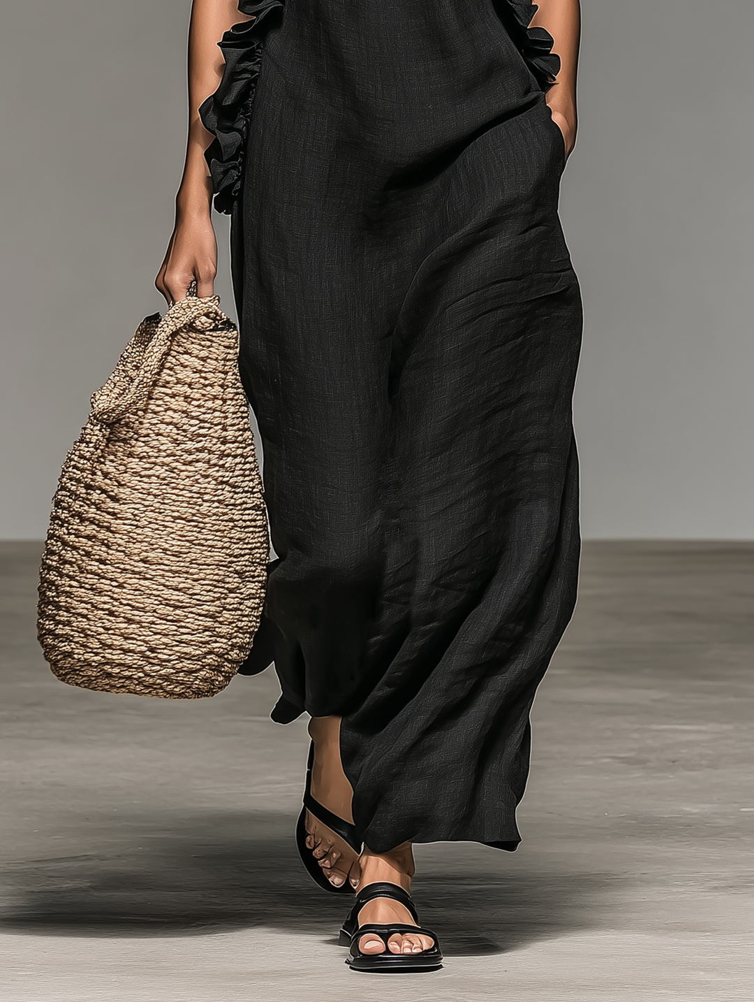 Simona | Minimalist Linen-blend Sleeveless Maxi Dress With Ruffle Details