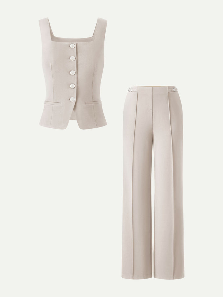 ALIYA | 2Pcs Set Square Neck Waistcoat with Pockets & Wide Leg Ankled Pant