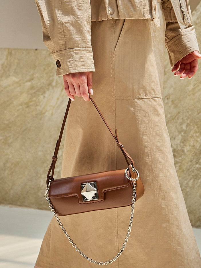 EVANGELINE | Minimalist Smooth Genuine Leather Silver Buckle Baguette Bag