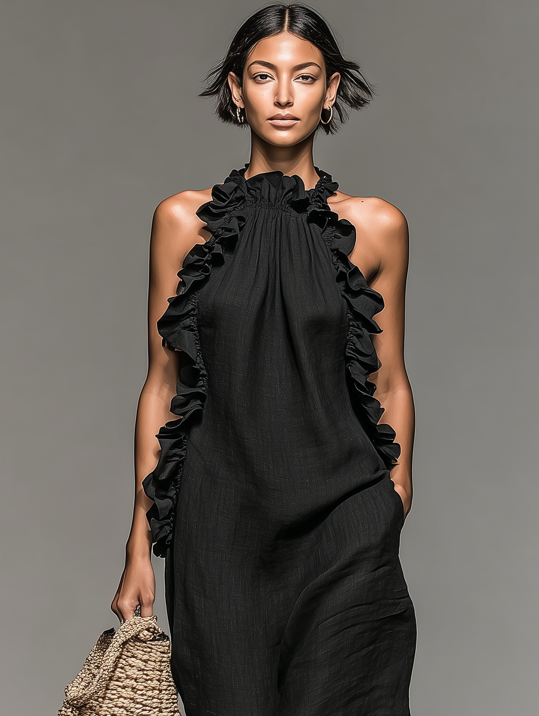 Simona | Minimalist Linen-blend Sleeveless Maxi Dress With Ruffle Details