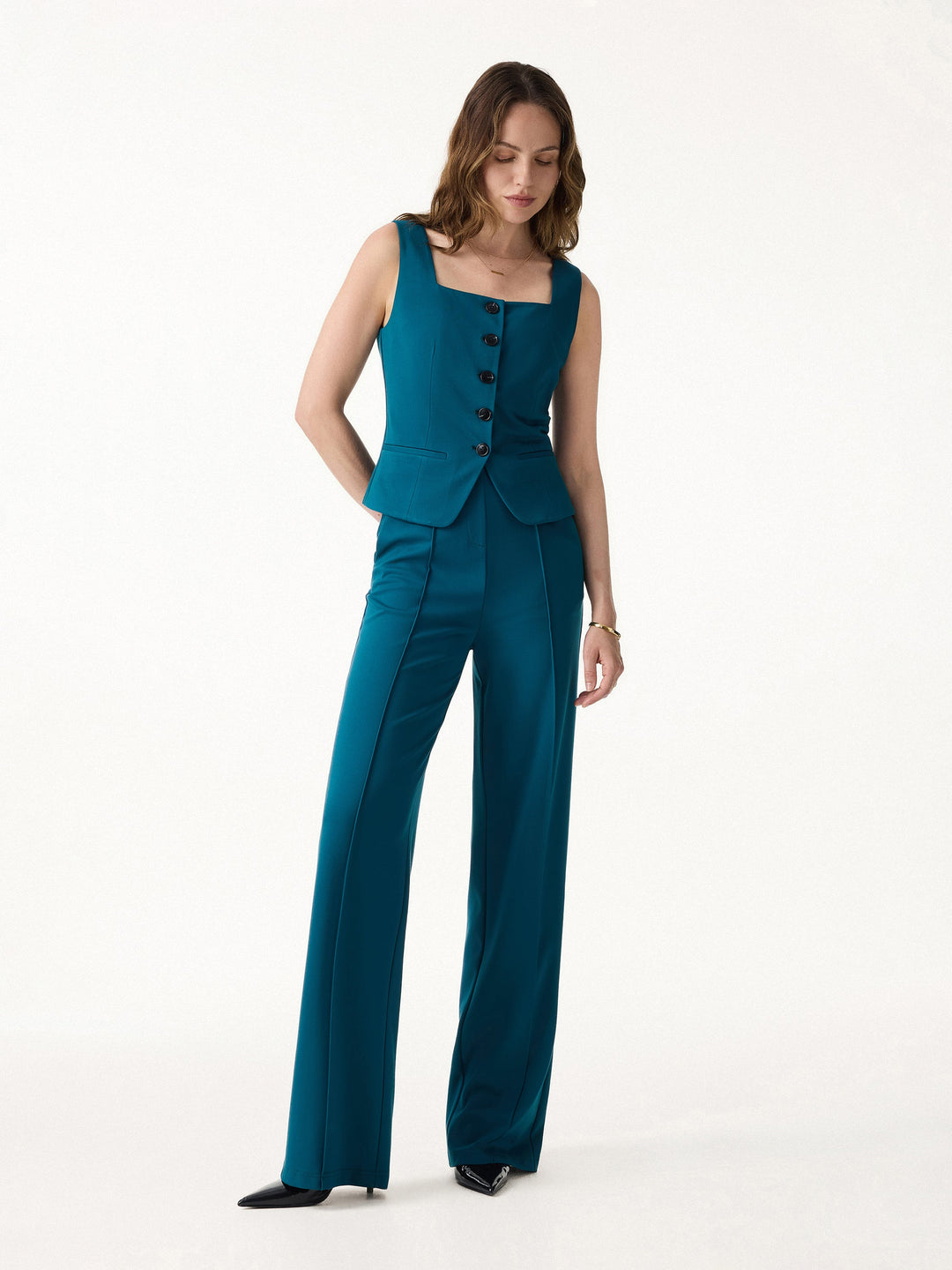 ALIYA | 2Pcs Set Square Neck Waistcoat with Pockets & Wide Leg Ankled Pant