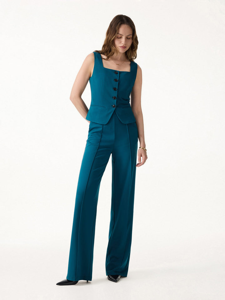 ALIYA | 2Pcs Set Square Neck Waistcoat with Pockets & Wide Leg Ankled Pant