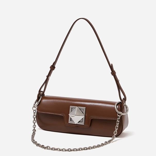 EVANGELINE | Minimalist Smooth Genuine Leather Silver Buckle Baguette Bag