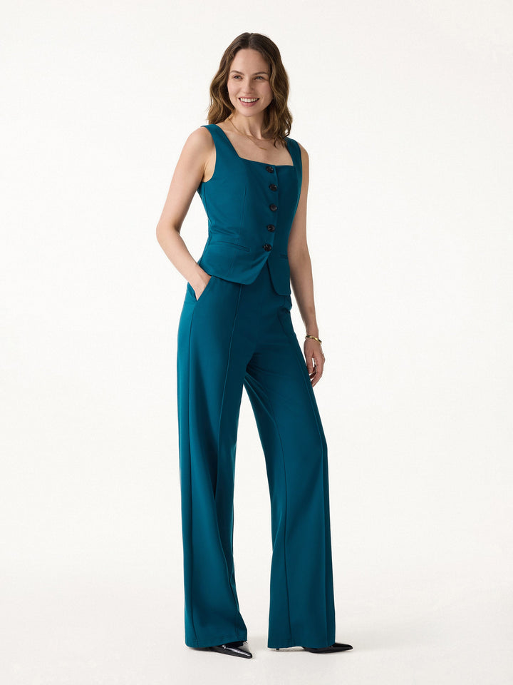 ALIYA | 2Pcs Set Square Neck Waistcoat with Pockets & Wide Leg Ankled Pant