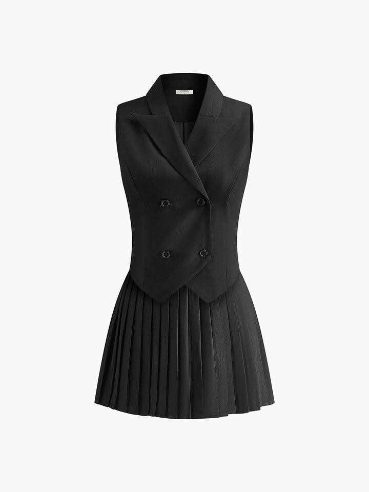HANA | Suit Waistcoat With Pleated Mini Skirt Set