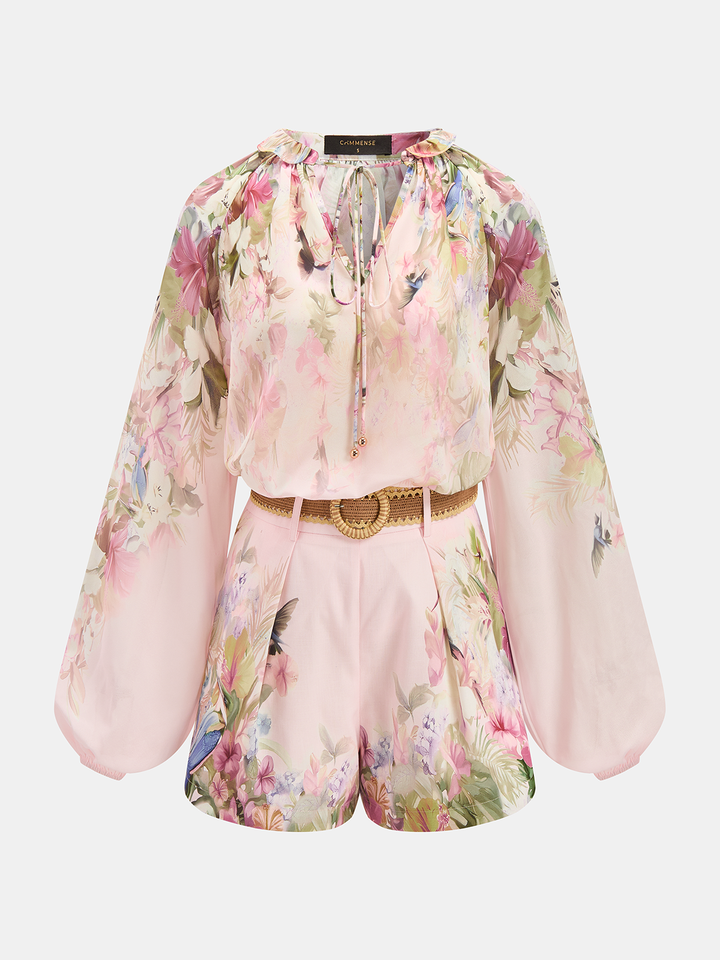 NOURA | Floral Print Blouse & Belted Shorts Set