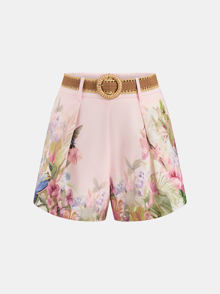 NOURA | Floral Print Blouse & Belted Shorts Set