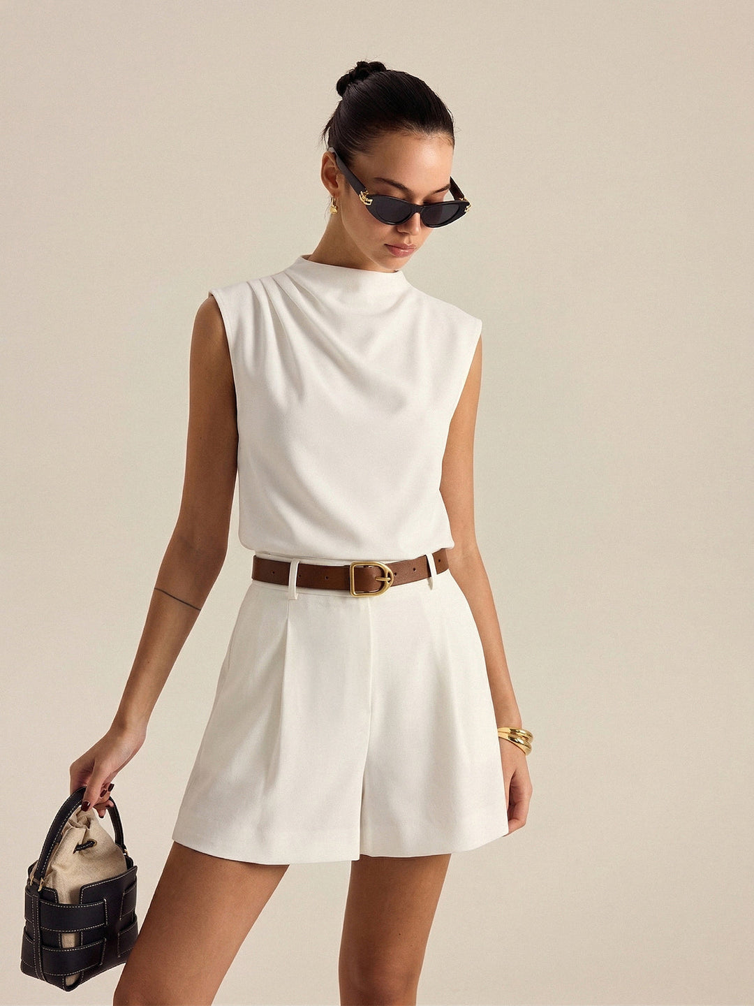 LYDIA | Draped Sleeveless Top & Belted Shorts Set