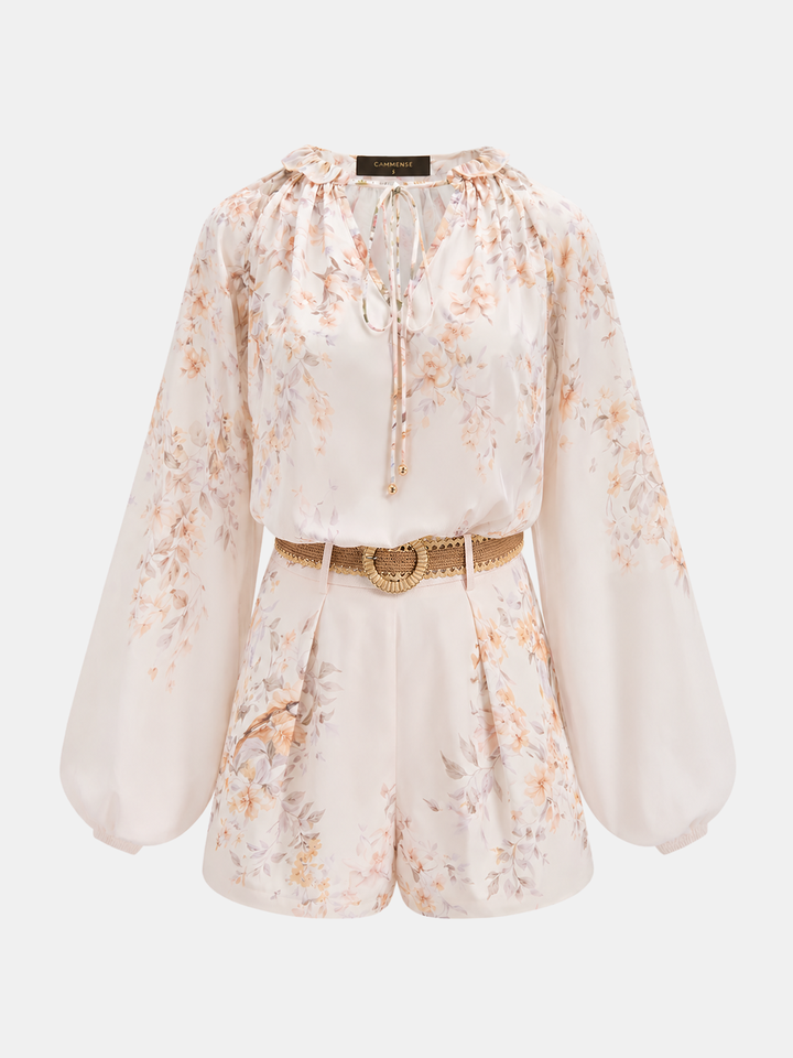 NOURA | Floral Print Blouse & Belted Shorts Set