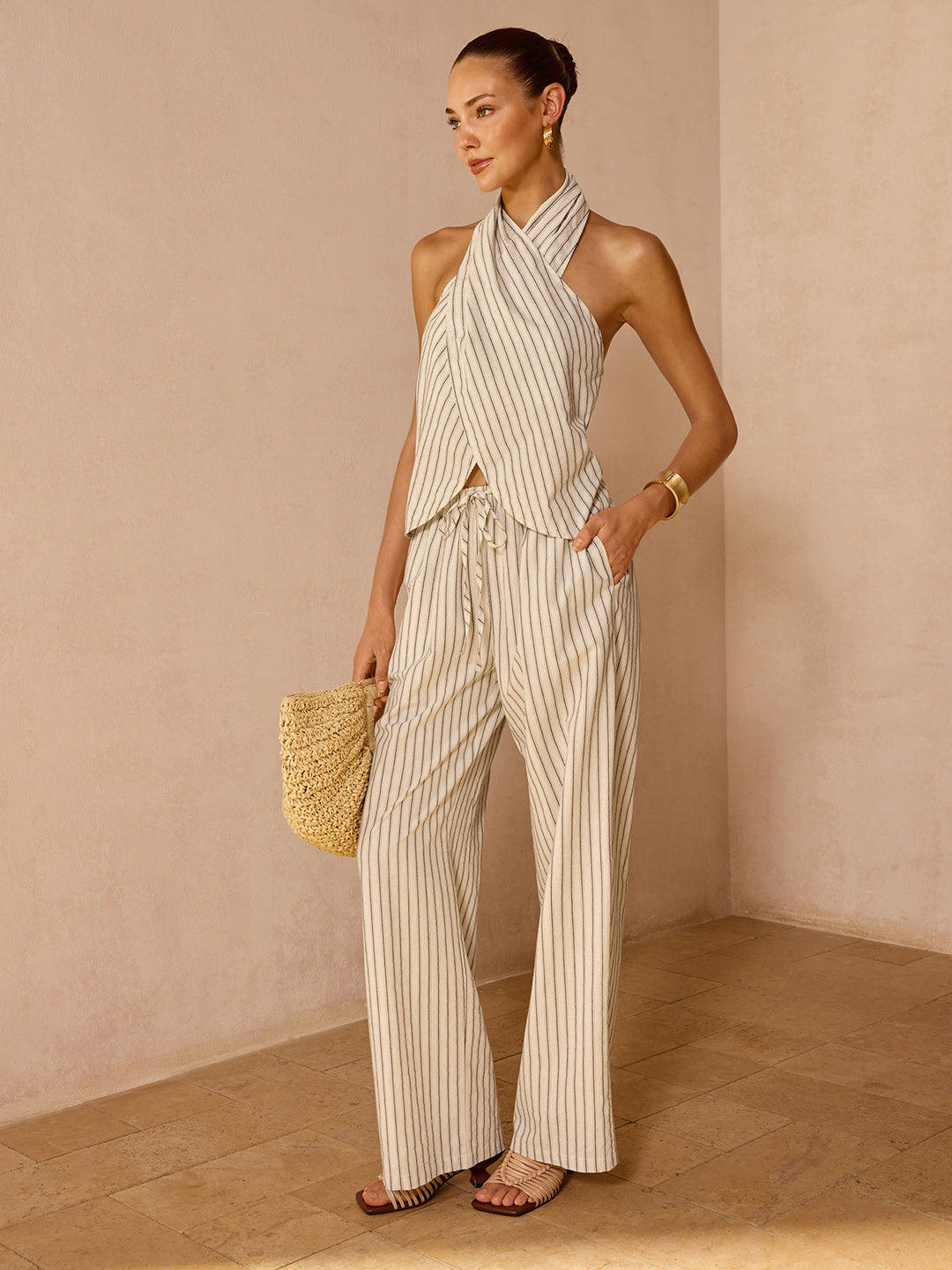 AGAPI | Striped Cotton Linen Halter Top & Pants Set