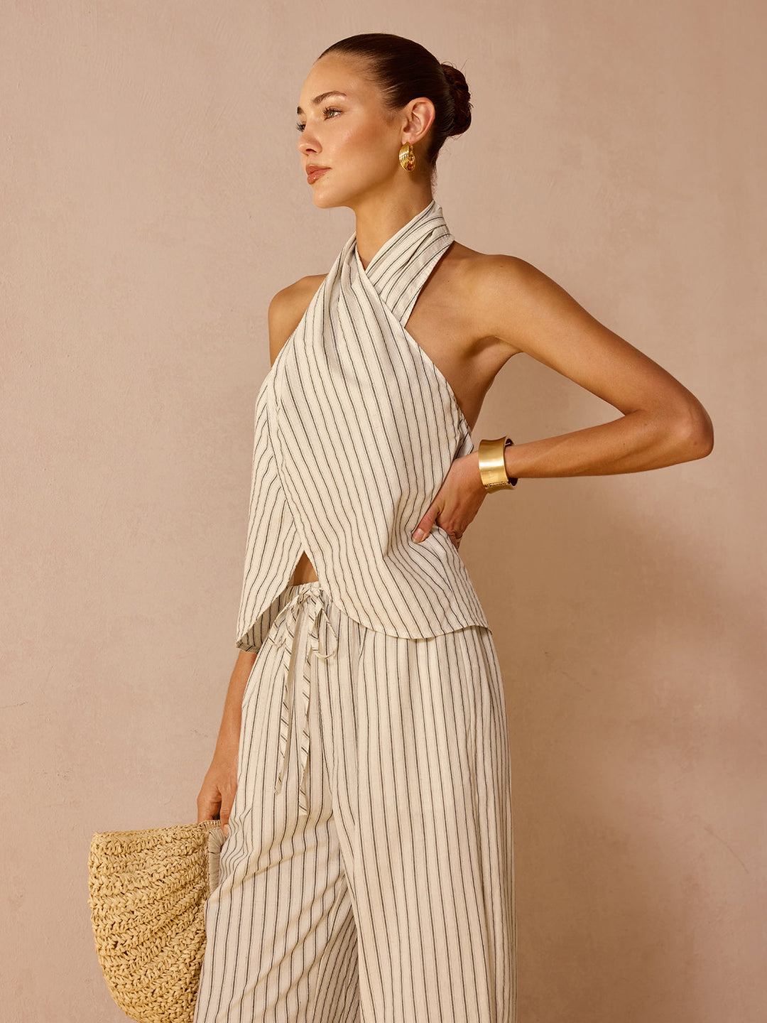 AGAPI | Striped Cotton Linen Halter Top & Pants Set