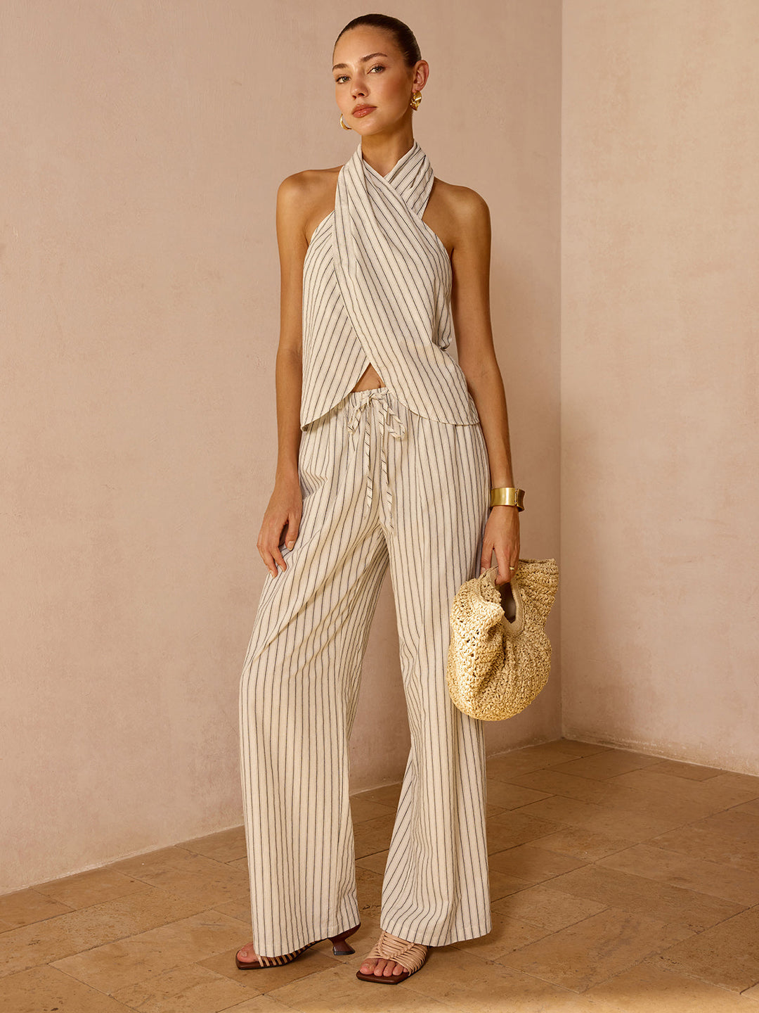 AGAPI | Striped Cotton Linen Halter Top & Pants Set