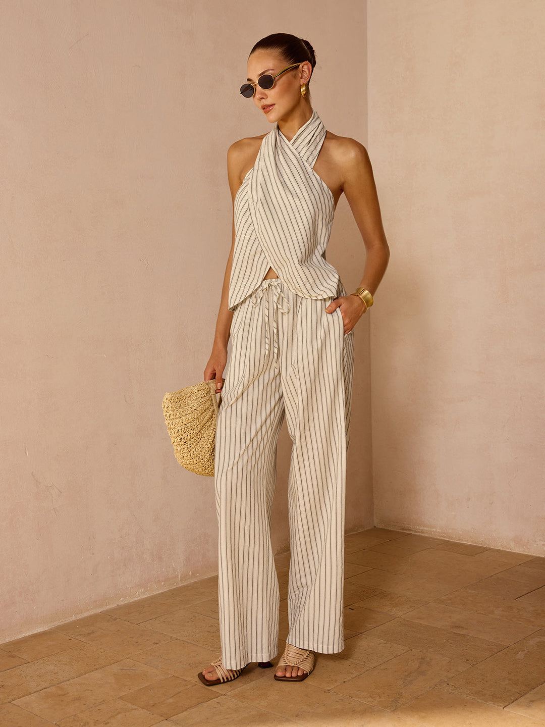 AGAPI | Striped Cotton Linen Halter Top & Pants Set