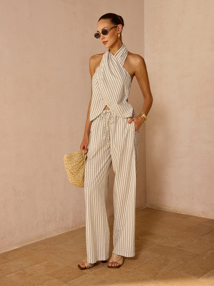 AGAPI | Striped Cotton Linen Halter Top & Pants Set