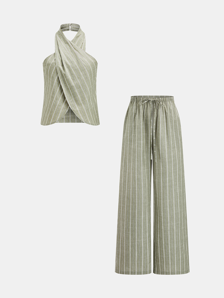 AGAPI | Striped Cotton Linen Halter Top & Pants Set