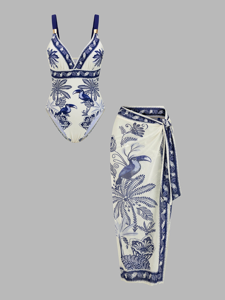 TARA | Tropical Toucan Print One Piece Swimsuit & Sarong Set