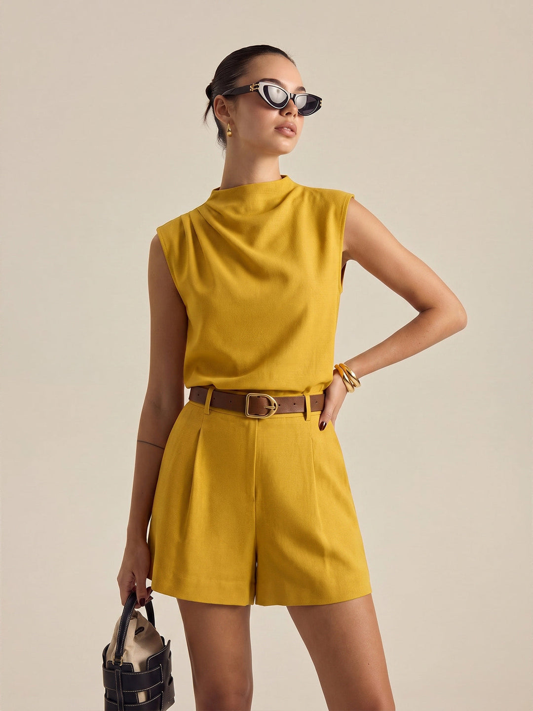 LYDIA | Draped Sleeveless Top & Belted Shorts Set