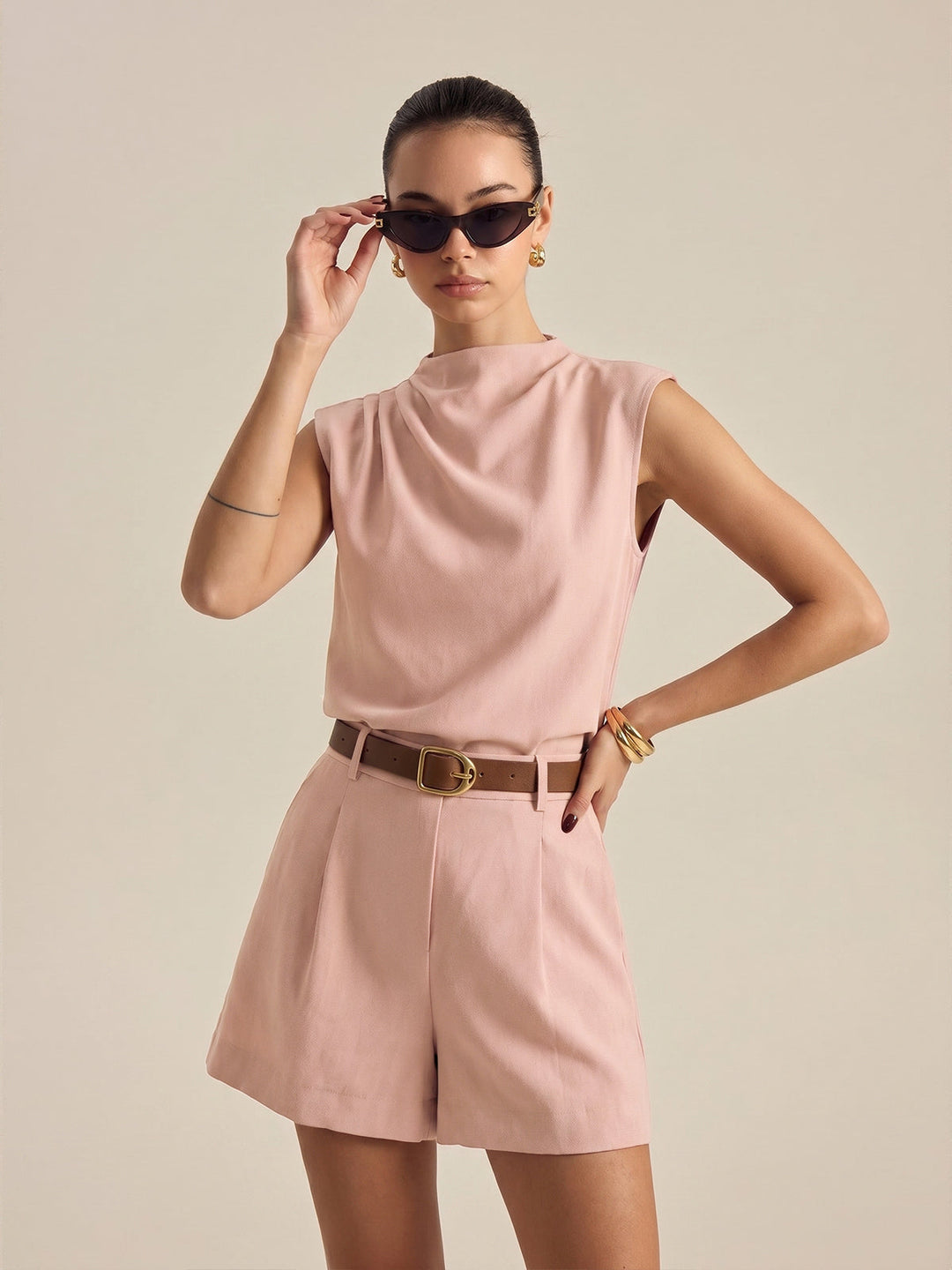 LYDIA | Draped Sleeveless Top & Belted Shorts Set