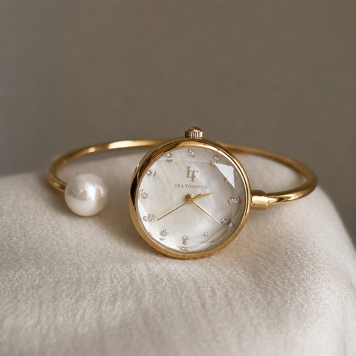 PARKER | Elegant Pearl Bracelet Watch – Gold Bangle Watch with Mother of Pearl Dial