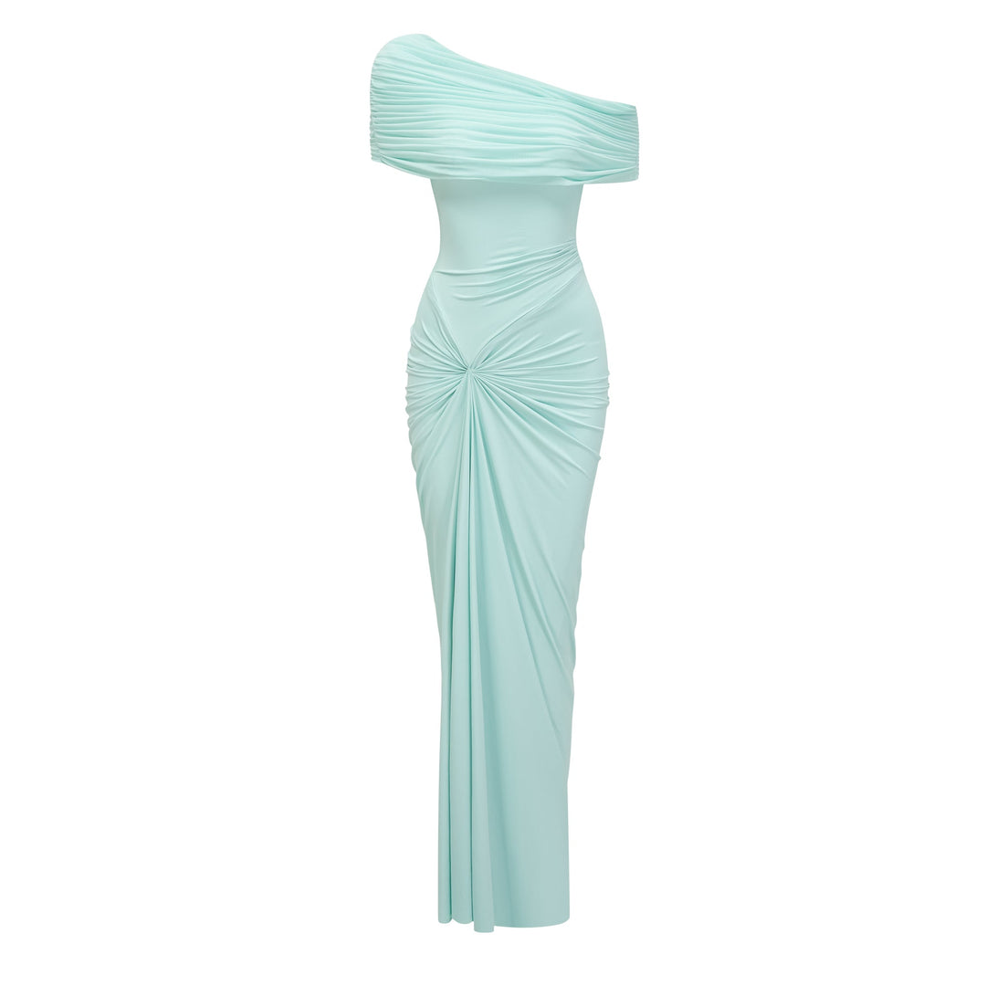 LUNA | Green Asymmetrical Gathered Maxi Dress