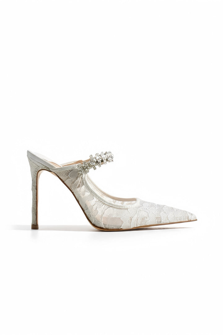 ALISSA | Ivory Lace High Heels with Rhinestone Strap