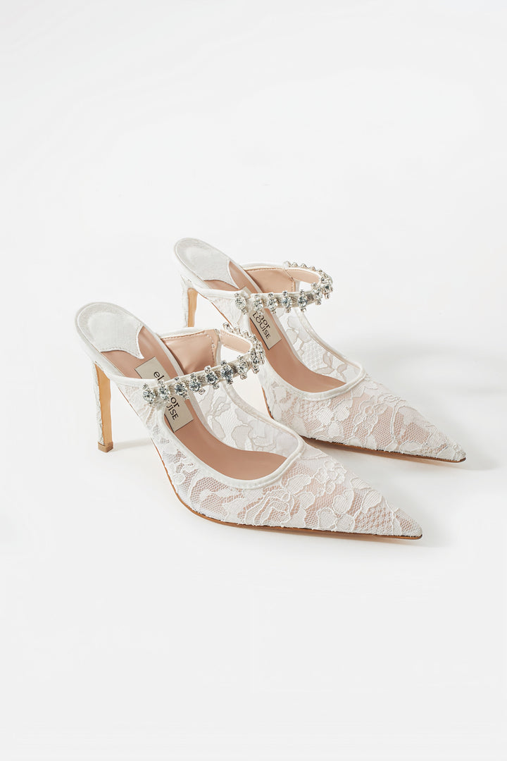 ALISSA | Ivory Lace High Heels with Rhinestone Strap