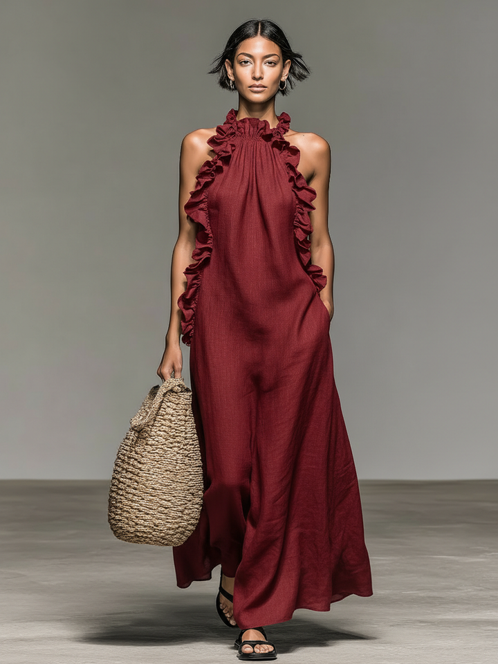 Simona | Minimalist Linen-blend Sleeveless Maxi Dress With Ruffle Details