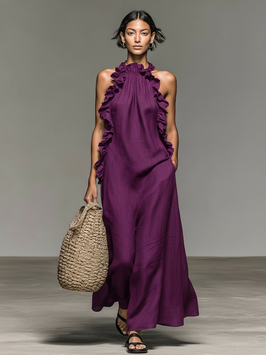 Simona | Minimalist Linen-blend Sleeveless Maxi Dress With Ruffle Details