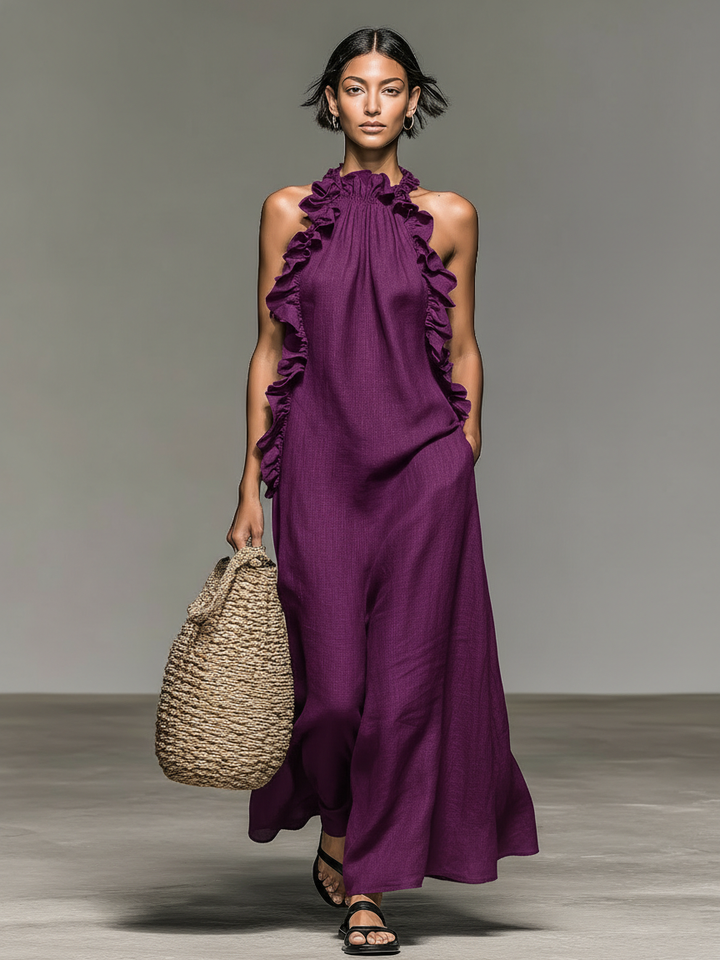 Simona | Minimalist Linen-blend Sleeveless Maxi Dress With Ruffle Details