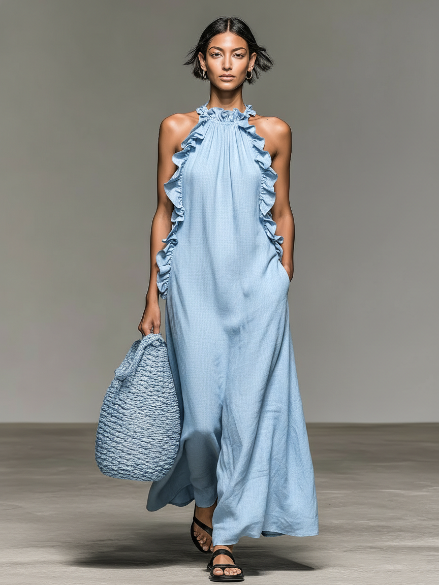 Simona | Minimalist Linen-blend Sleeveless Maxi Dress With Ruffle Details
